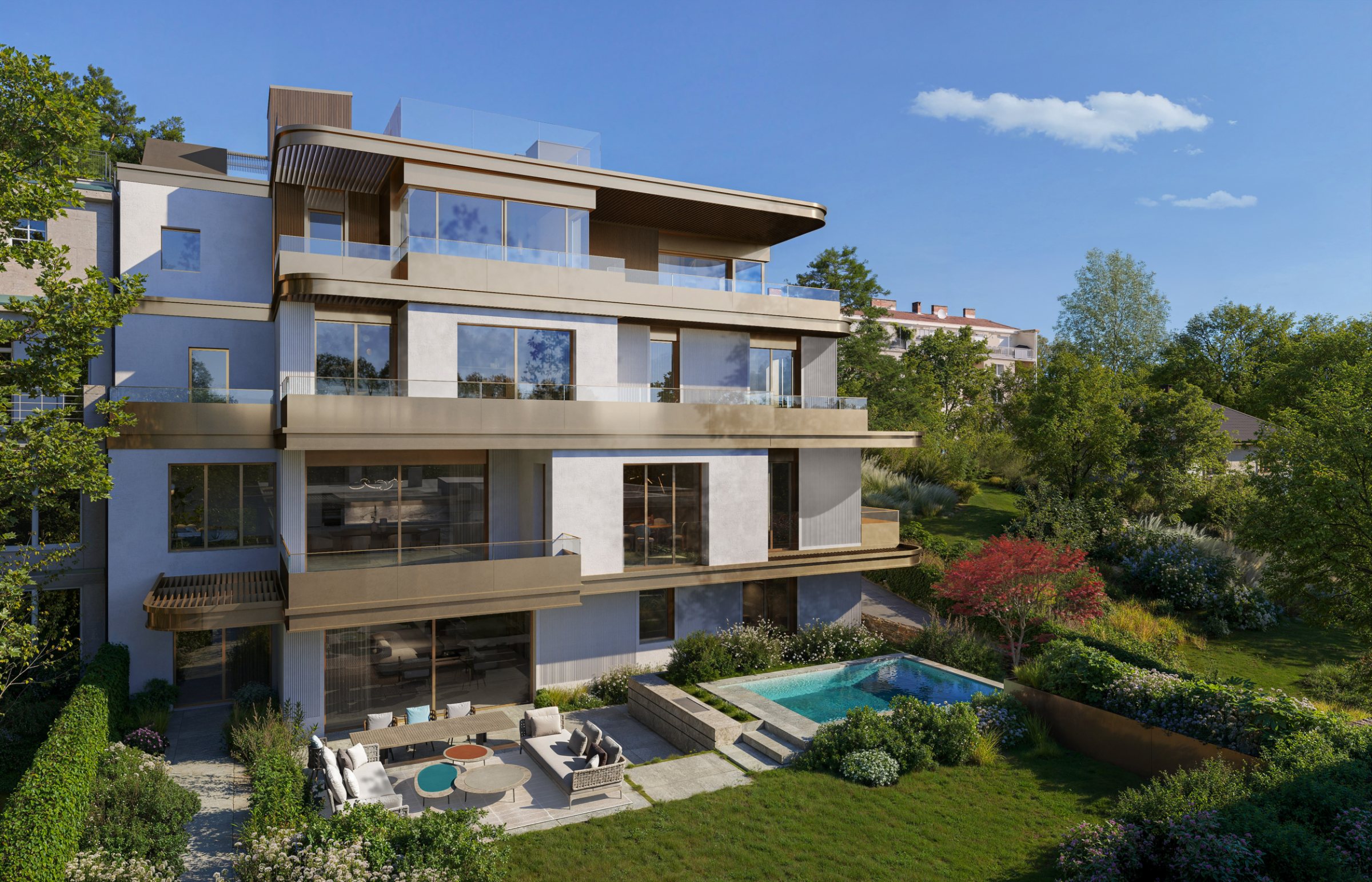 Gartenfassade mit gestaffelten Terrassen